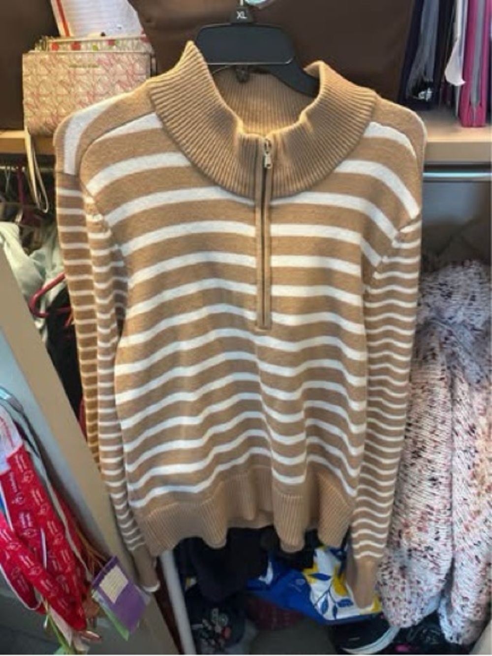 Addison Bay Tan and White Striped Half-Zip Sweater